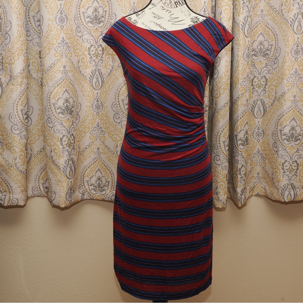 Ann Taylor Loft Blue and Red Striped Cap Sleeve Dress - Size Small